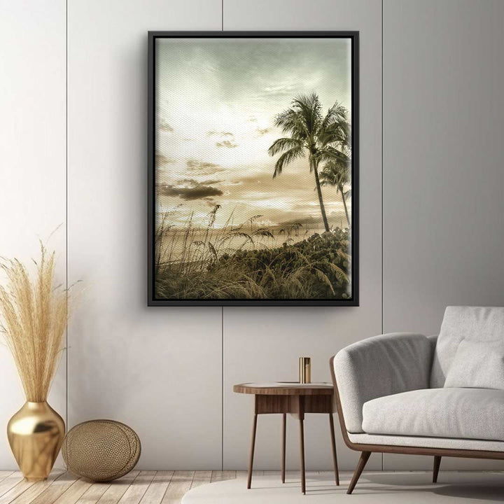 Vintage Wandbild mit Palmen und Gräsern am Strand im Wohnzimmer, beruhigende Naturkunst