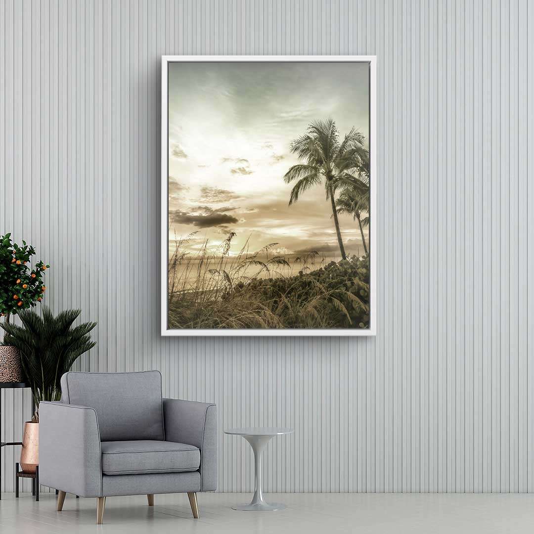 Vintage Wandbild mit Palmen am Strand und Sonnenuntergang, Wohnzimmer Deko