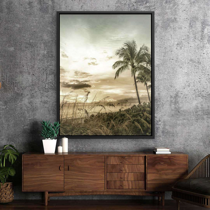 Vintage Wandbild mit Palmen, Sonnenuntergang und Natur für Wohnzimmer Deko
