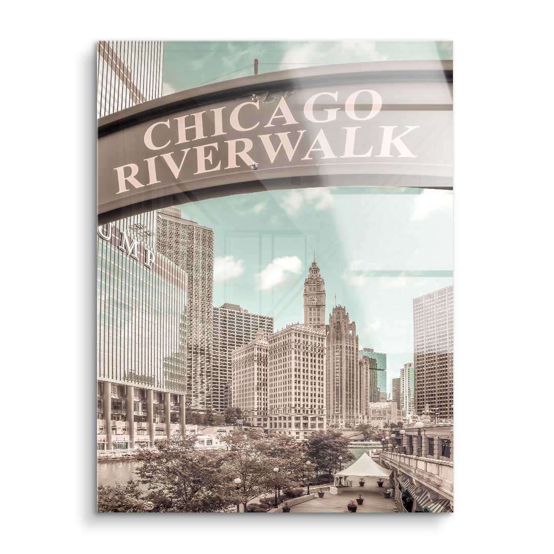 Vintage Wandbild Chicago Riverwalk Skyline mit Hochhäusern und Fluss, Kunst auf Acryl