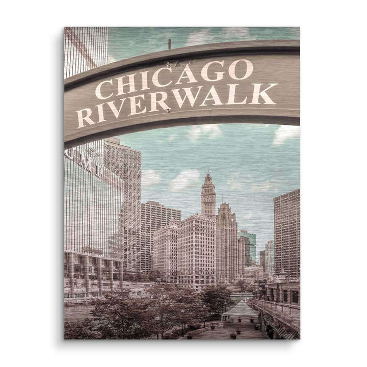 Vintage Wandbild Chicago Riverwalk Skyline mit Hochhäusern und Fluss, Kunstmotiv