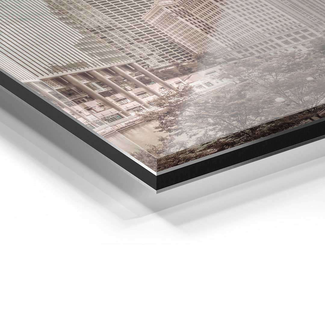 Detailansicht eines Acrylglas-Wandbildes mit Vintage Chicago River Stadtmotiv