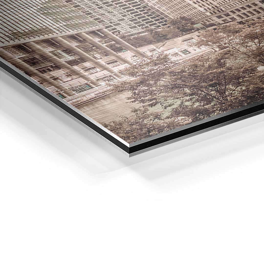 Detailansicht eines Wandbilds auf Aluminium mit Vintage Chicago Skyline und Fluss