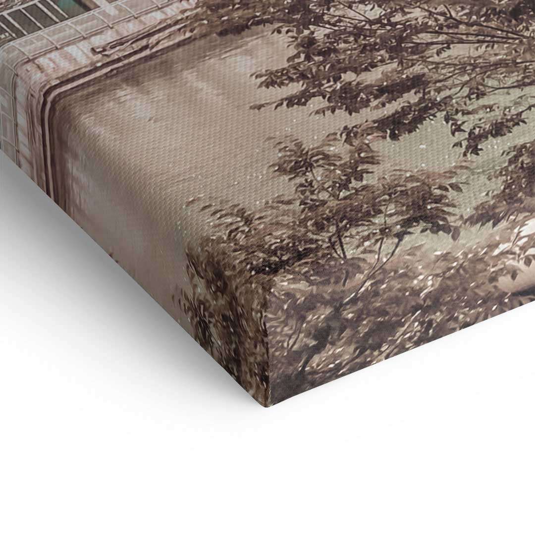 Detailansicht Leinwandbild Vintage Chicago River, Kunst mit Naturmotiv und Gebäuden