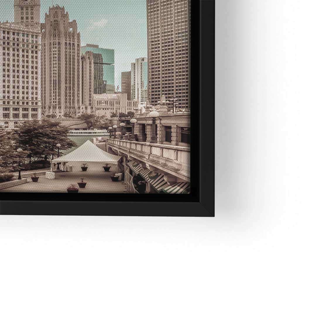 Vintage Wandbild mit Blick auf Chicago River und Wolkenkratzer, sepiafarbenes Stadtmotiv