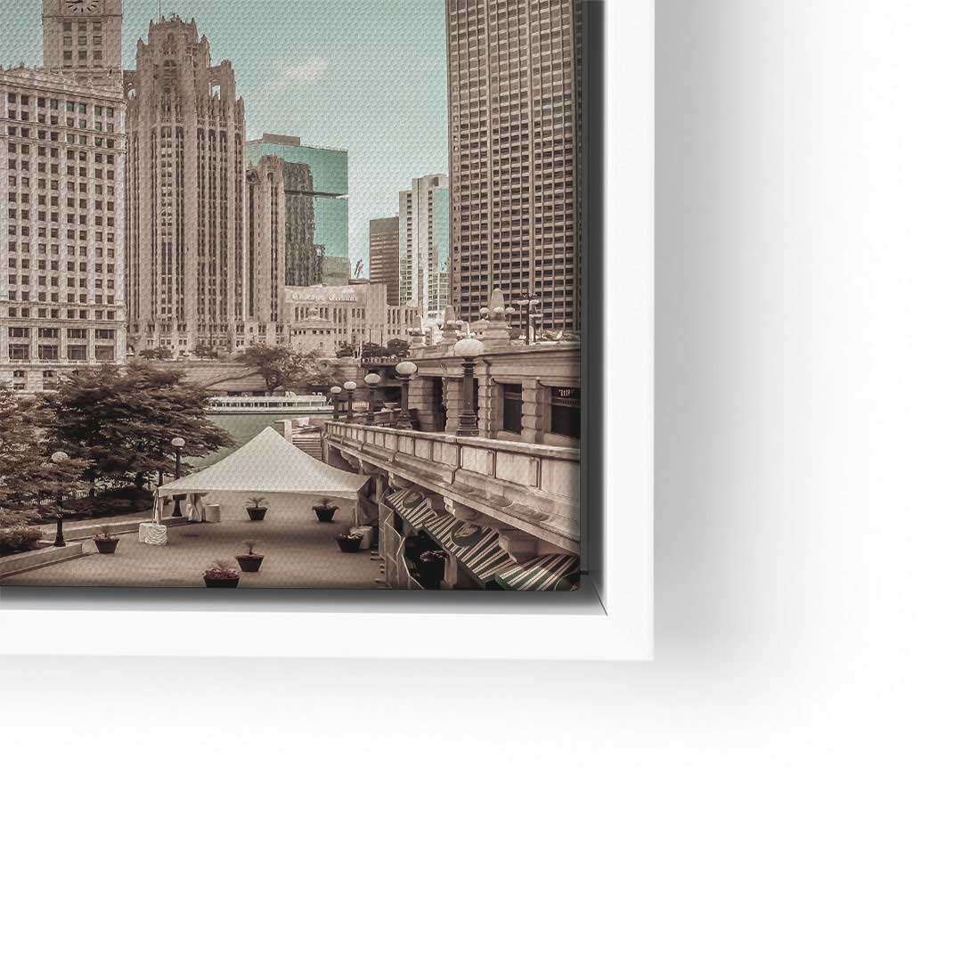 Vintage Wandbild mit Chicago Skyline und Chicago River, detailreiche Stadtarchitektur