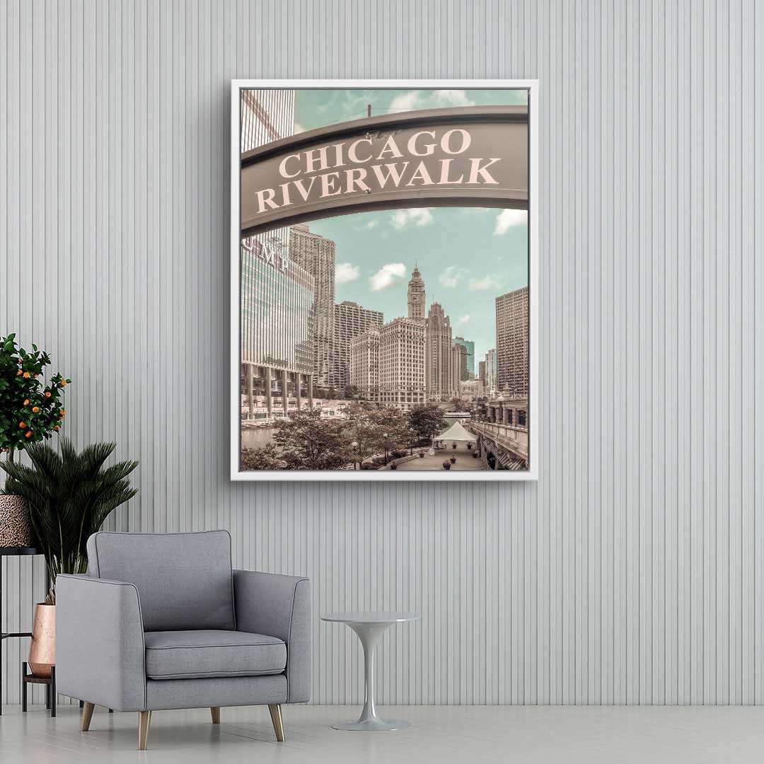 Wandbild Vintage Chicago Riverwalk in modernem Wohnzimmer, Stadtansicht, Kunstbild