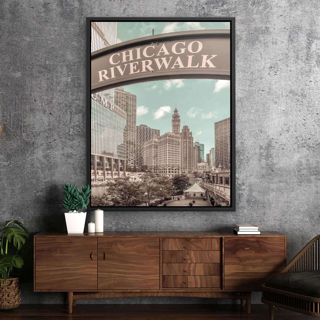 Wandbild mit Vintage-Motiv des Chicago Riverwalk und Skyline im Wohnzimmer