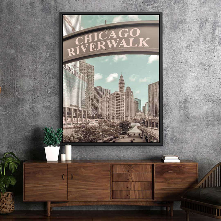 Wandbild mit Vintage-Motiv des Chicago Riverwalk und Skyline im Wohnzimmer