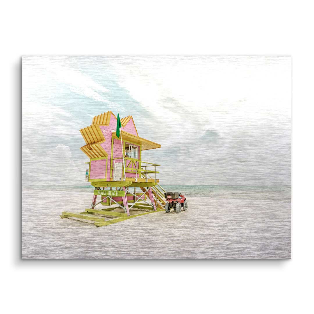 Vintage Wandbild mit pinkem Miami Beach Rettungsturm am Strand, Himmel, Meer