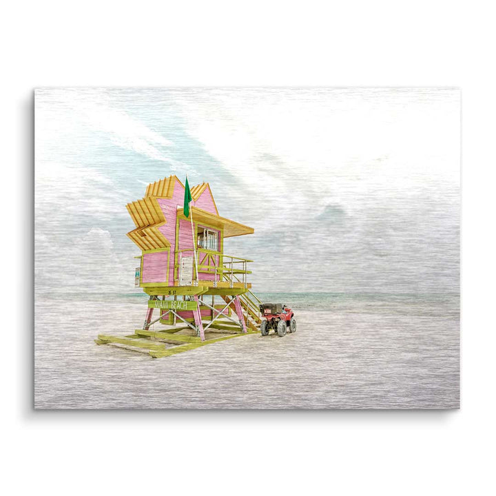 Vintage Wandbild mit pinkem Miami Beach Rettungsturm am Strand, Himmel, Meer