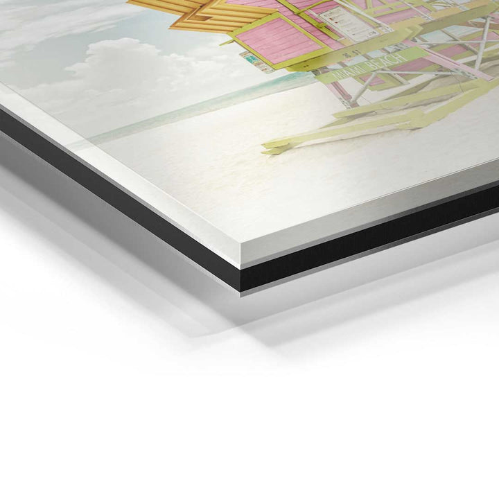 Detailaufnahme Wandbild auf Acrylglas mit Vintage Miami Beach Motiv, pastellfarben