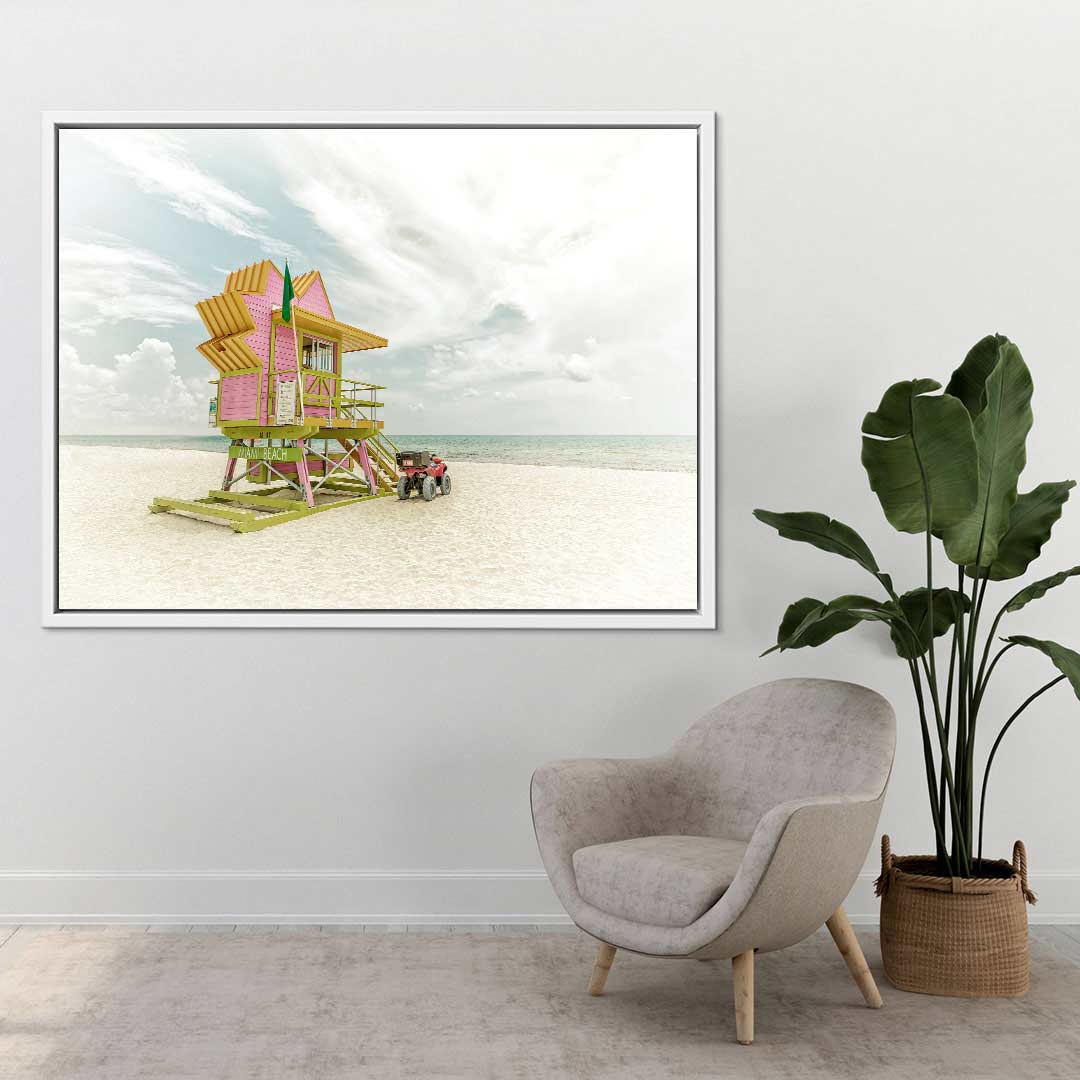 Wandbild mit buntem Lifeguard-Haus am Miami Beach, vintage Stil, Strand und Meer