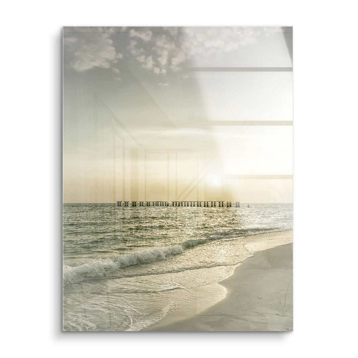 Wandbild Sonnenuntergang am Meer mit Steg, Acrylglas, Vintage Kunst für Wohnzimmer