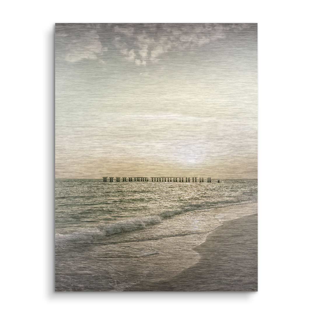 Vintage Sonnenuntergang am Meer mit Steg, Wandbild auf Leinwand, ruhige Küstenkunst
