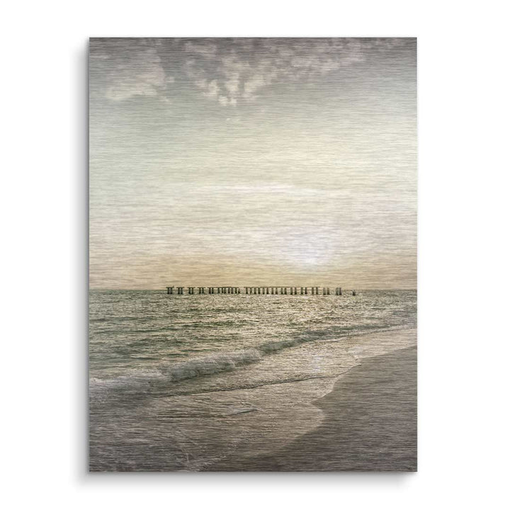 Vintage Sonnenuntergang am Meer mit Steg, Wandbild auf Leinwand, ruhige Küstenkunst