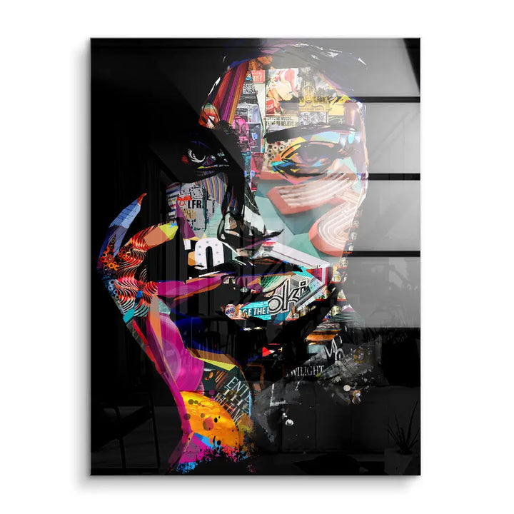 Modernes Acryl Wandbild Collage eines Gesichts in bunten Pop Art Farben und urbanen Motiven