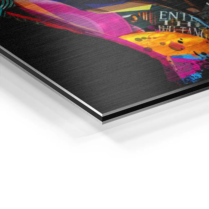 Detailaufnahme Aluminium-Wandbild, bunte abstrakte Stadt Kunst, gebürstete Oberfläche