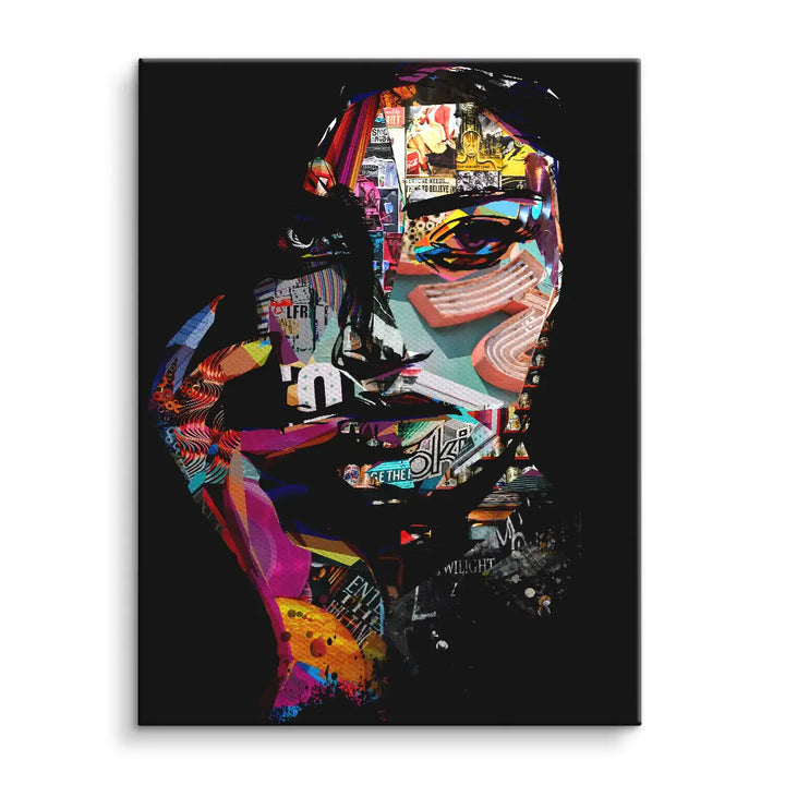 Modernes Wandbild mit bunter Collage eines Gesichts, urbaner Street-Art Stil
