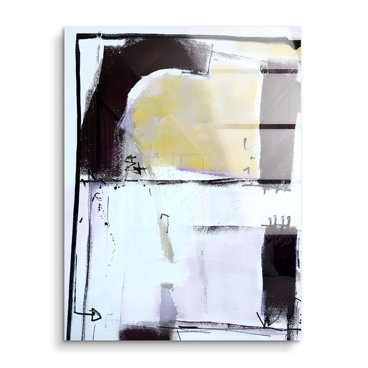 Abstraktes Acryl Wandbild mit grafischen Linien, lila, gelb und weißen Flächen