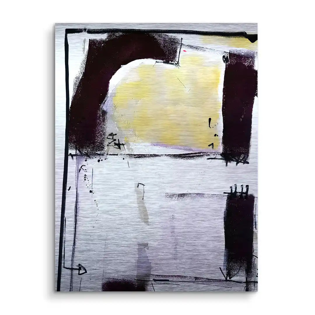 Abstraktes Wandbild auf Aluminium mit schwarzen Flächen und gelber Mitte, moderne Kunst
