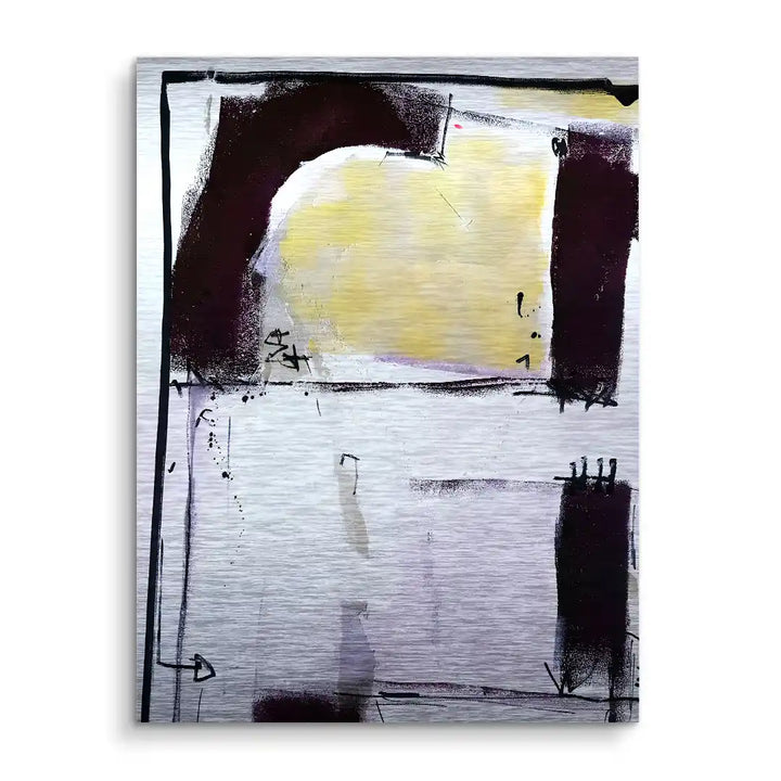 Abstraktes Wandbild auf Aluminium mit schwarzen Flächen und gelber Mitte, moderne Kunst