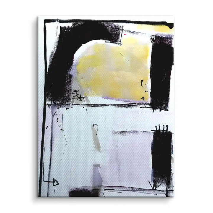 Abstraktes Wandbild auf Leinwand mit schwarzen, gelben und weißen Farbfeldern, moderne Kunst