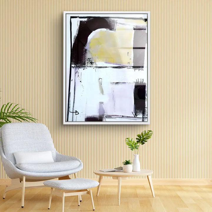 Modernes abstraktes Wandbild mit gelben, weißen und schwarzen Flächen in elegantem Wohnzimmer