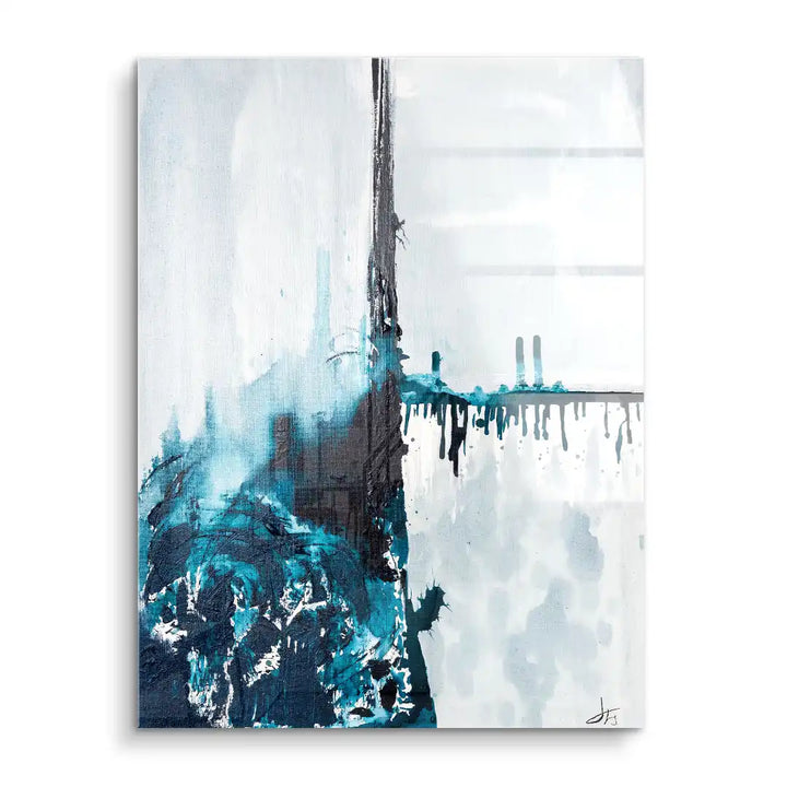 Modernes Acryl Wandbild mit abstraktem Wasser-Motiv in Blau und Schwarz auf weißem Hintergrund