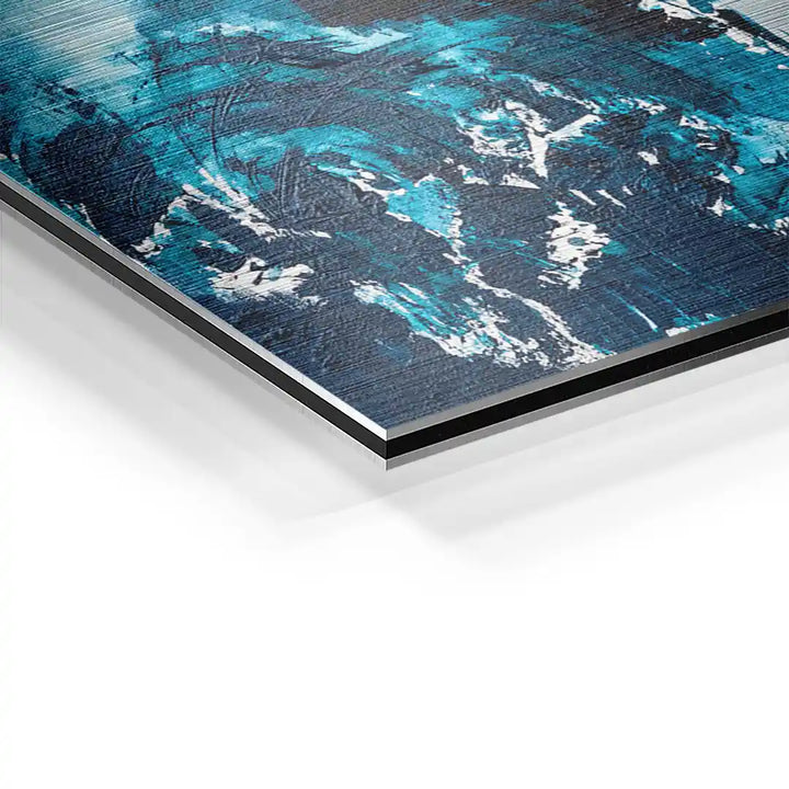 Detailansicht Wandbild Wasser-Kunst in Blau auf Aluminium, strukturierte Oberfläche