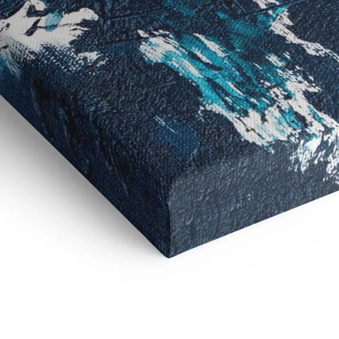 Detailaufnahme abstraktes Wasser-Wandbild auf Leinwand mit blauen und weißen Akzenten
