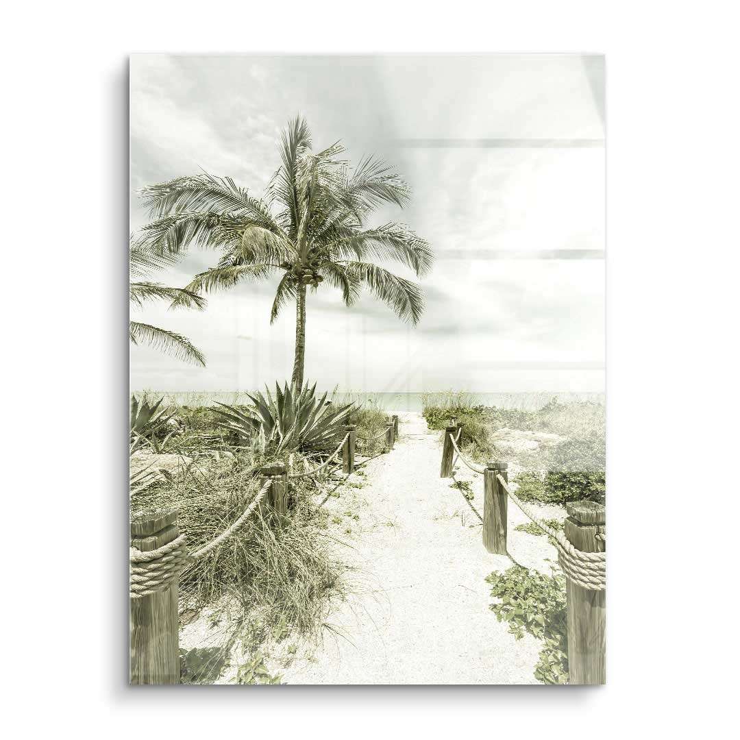Vintage Wandbild mit Palmen und Sandweg zum Strand, maritimes Wanddekor