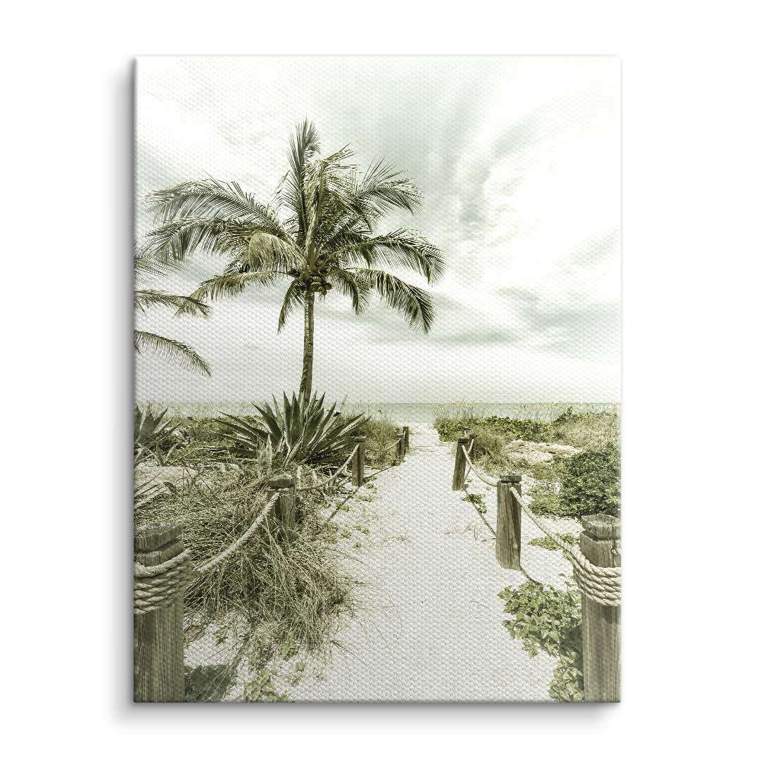 Vintage Wandbild mit Palmen und Sandweg zum Strand, sommerliche Wanddekoration
