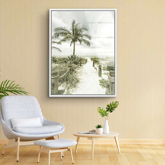 Wandbild mit Palmen und Weg zum Strand im Vintage-Stil, Wohnzimmer-Deko, Naturmotiv