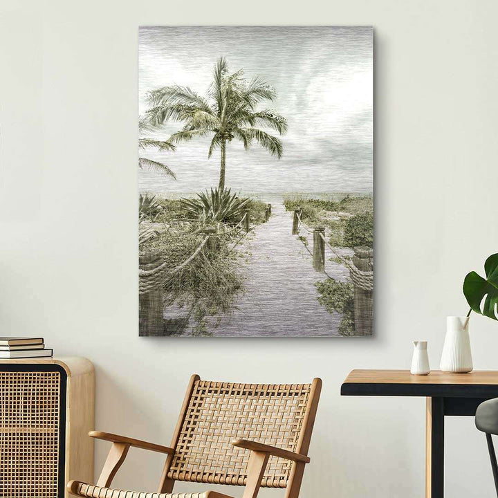 Wandbild mit Palmen, Holzsteg und Weg zum Strand im Vintage-Stil, Wohnzimmer Dekoration