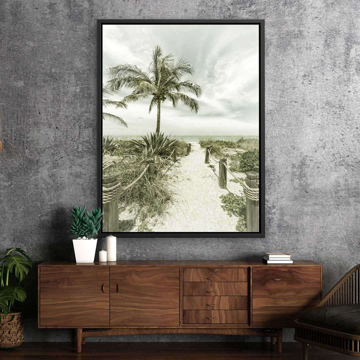 Wandbild mit vintage Strandweg, Palmen und sandigem Pfad, modernes Wohnzimmer Dekor