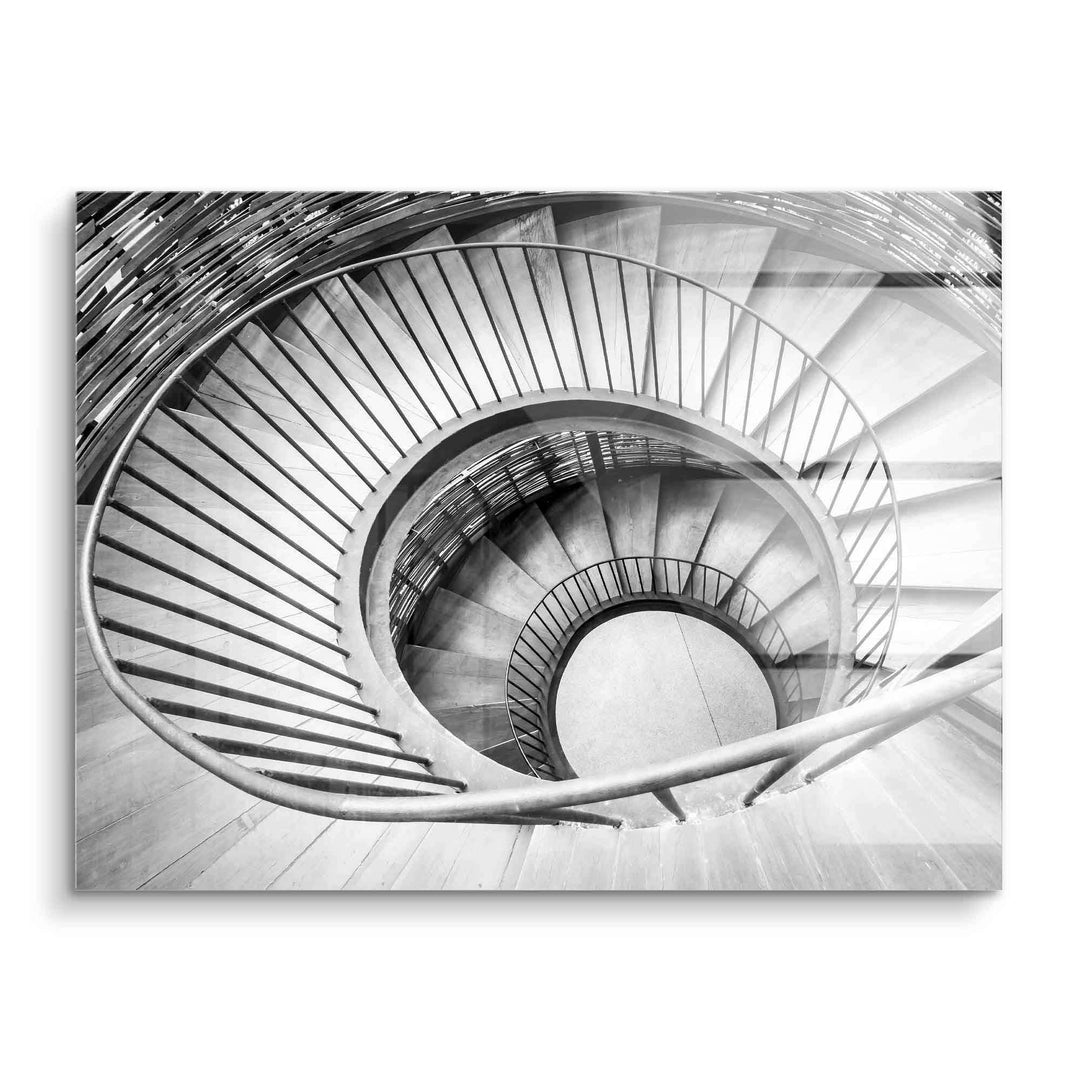 Schwarzweiß Wandbild mit kunstvoller, runder Wendeltreppe, moderner Architektur