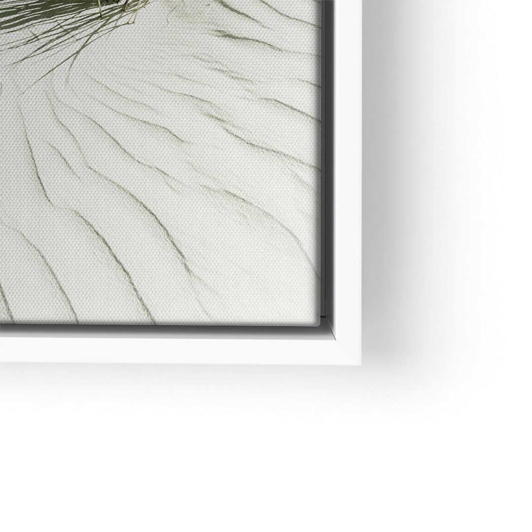 Modernes Wandbild White Sands auf Leinwand mit weißen und grünen Linien, Nahaufnahme im weißen Rahmen