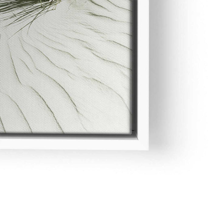 Modernes Wandbild White Sands auf Leinwand mit weißen und grünen Linien, Nahaufnahme im weißen Rahmen