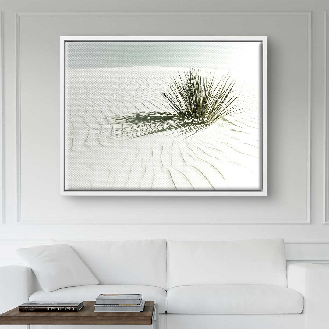 Modernes Wandbild mit Wüstenpflanze auf weißen Sanddünen, Naturmotiv, Wohnzimmer Deko
