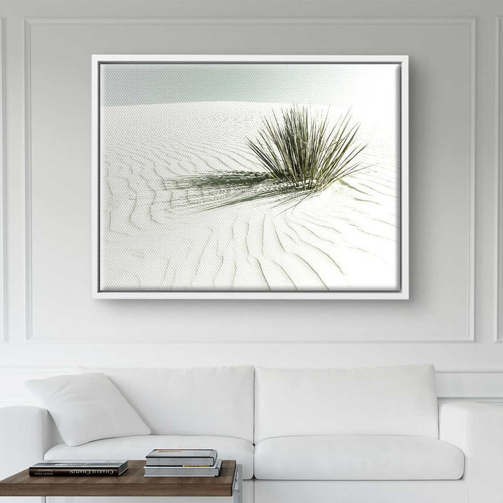 Modernes Wandbild mit Wüstenpflanze auf weißen Sanddünen, Naturmotiv, Wohnzimmer Deko