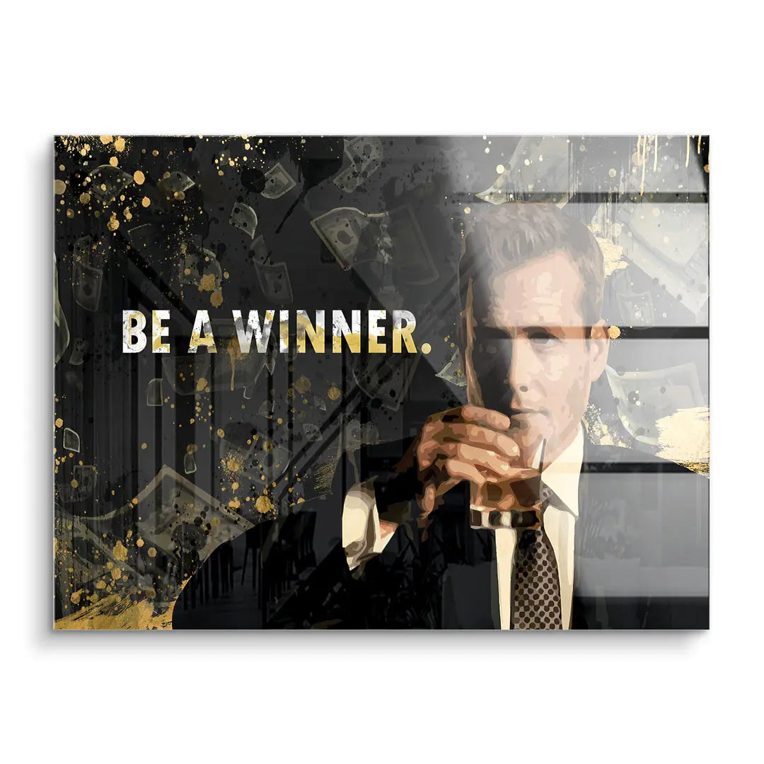 Modernes Wandbild mit elegantem Mann, Whiskeyglas und dem Motivationsspruch 'Be a Winner'.
