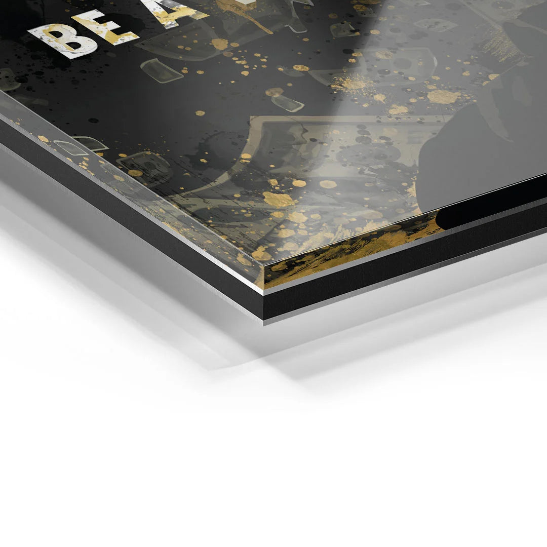 Detailaufnahme Acrylglas Wandbild mit Motiv in Schwarz und Goldspritzern, moderner Kunstdruck
