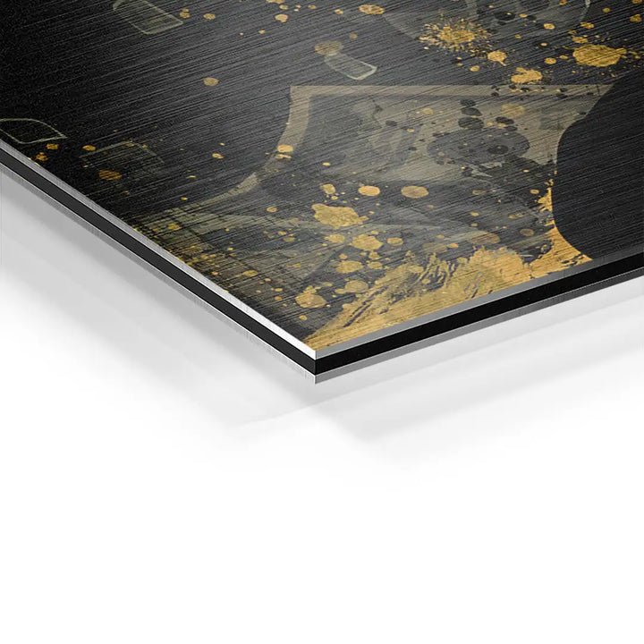 Detailansicht Wandbild auf Aluminium mit goldenen Farbspritzern, moderne Kunst