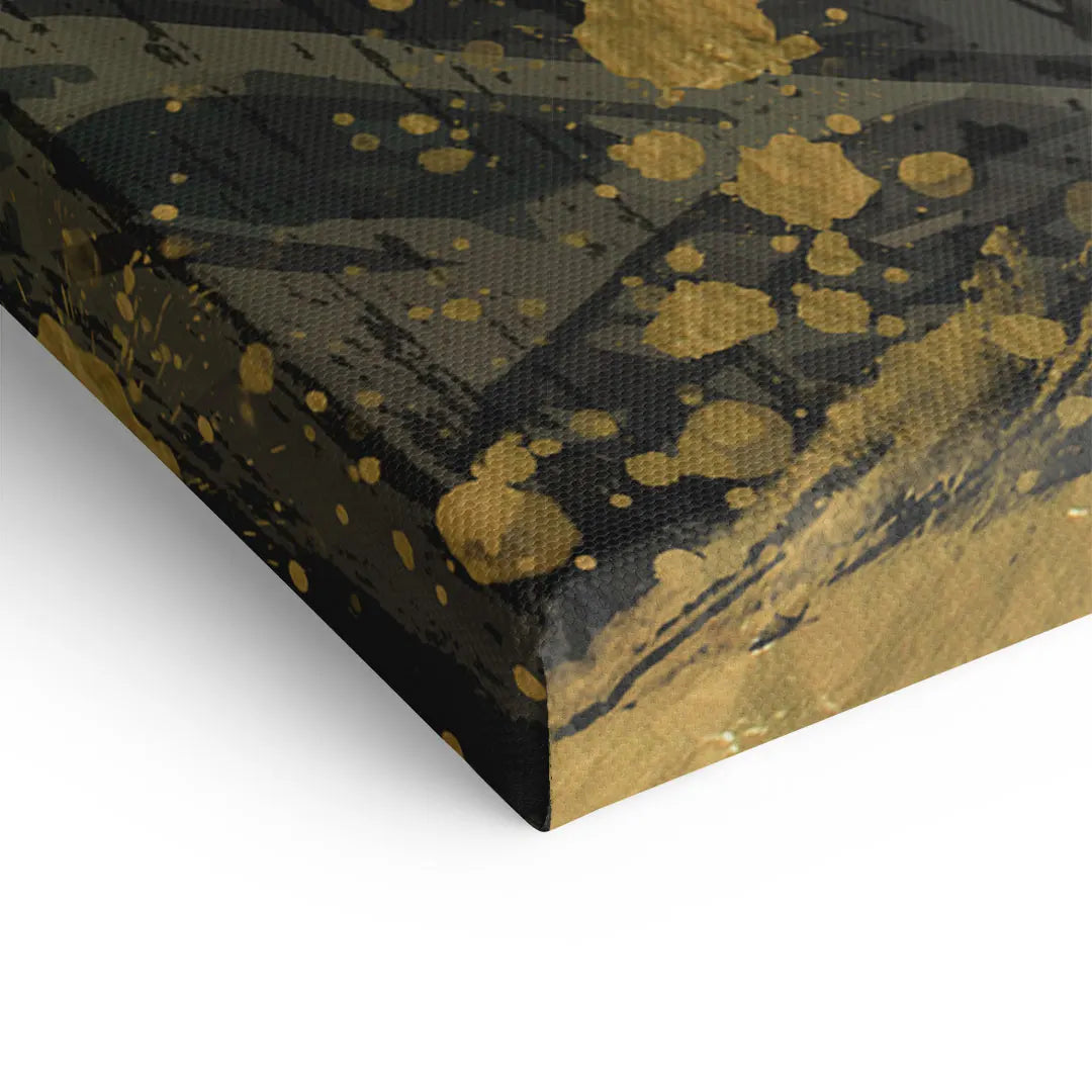 Detailansicht modernes Leinwandbild mit goldenen Farbklecksen und dunklem Hintergrund