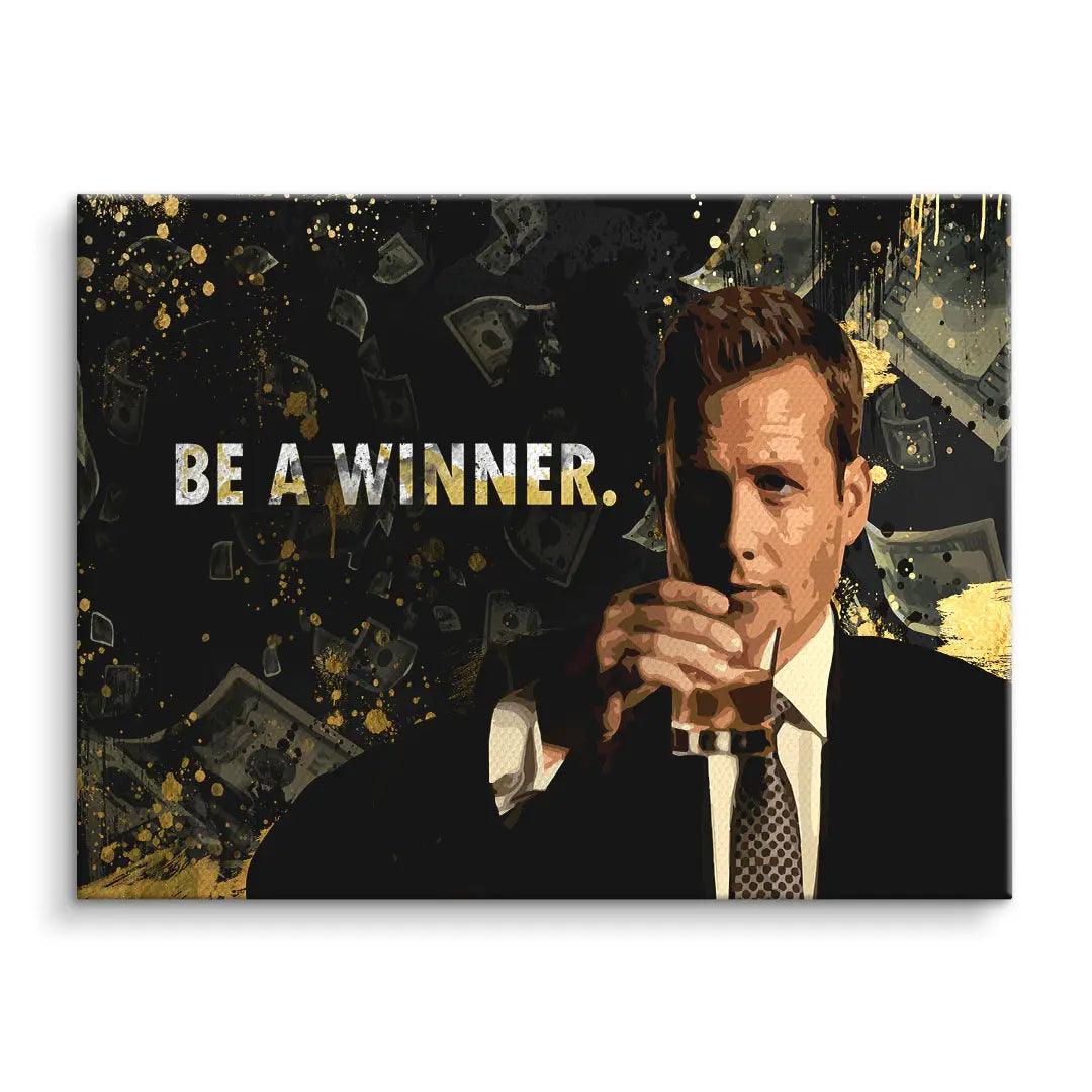 Modernes Wandbild mit Mann im Anzug, Whiskeyglas, Geldscheine, Motivationsspruch Be a Winner