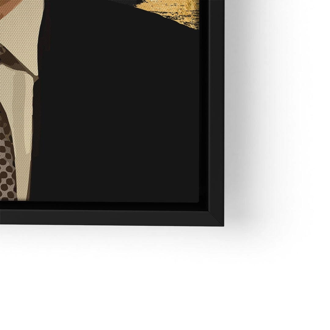 Detail eines modernen Wandbilds mit abstraktem Männerportrait, schwarzem Anzug, goldener Akzent