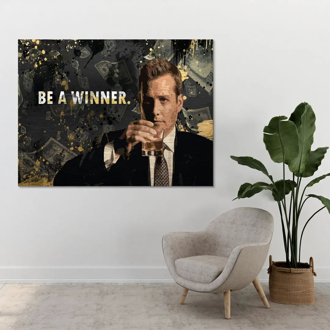 Modernes Wandbild mit Anzugträger und Spruch 'Be a winner' im Wohnzimmer, Motivationskunst