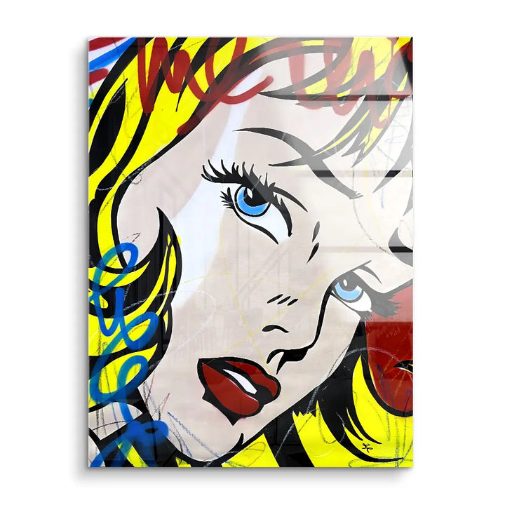 Pop Art Wandbild mit Comic-Frau, gelben Haaren und blauen Augen auf Acrylglas
