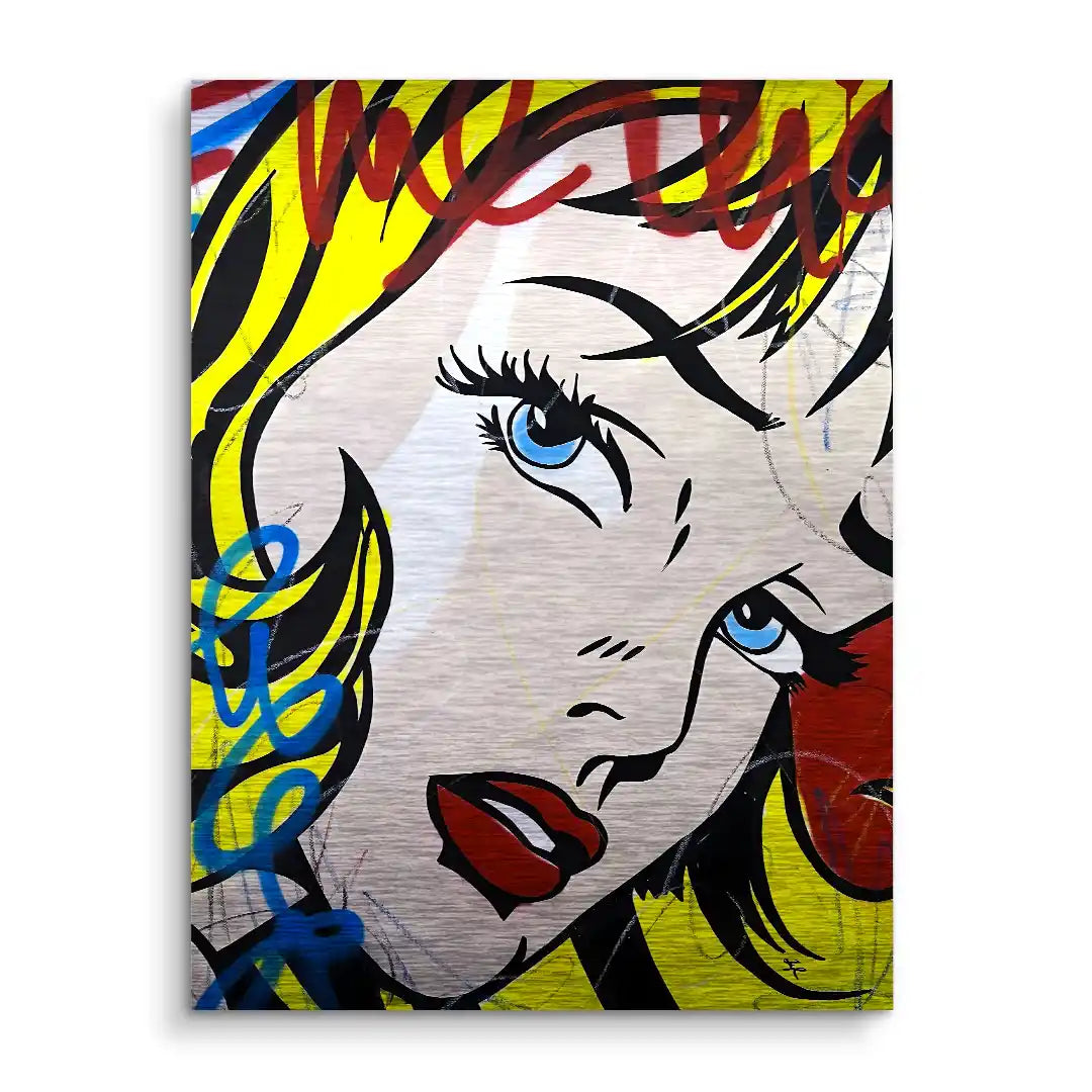 Pop Art Wandbild mit blonder Frau, blauen Augen und rotem Lippen, Comic-Stil, Graffiti-Elemente